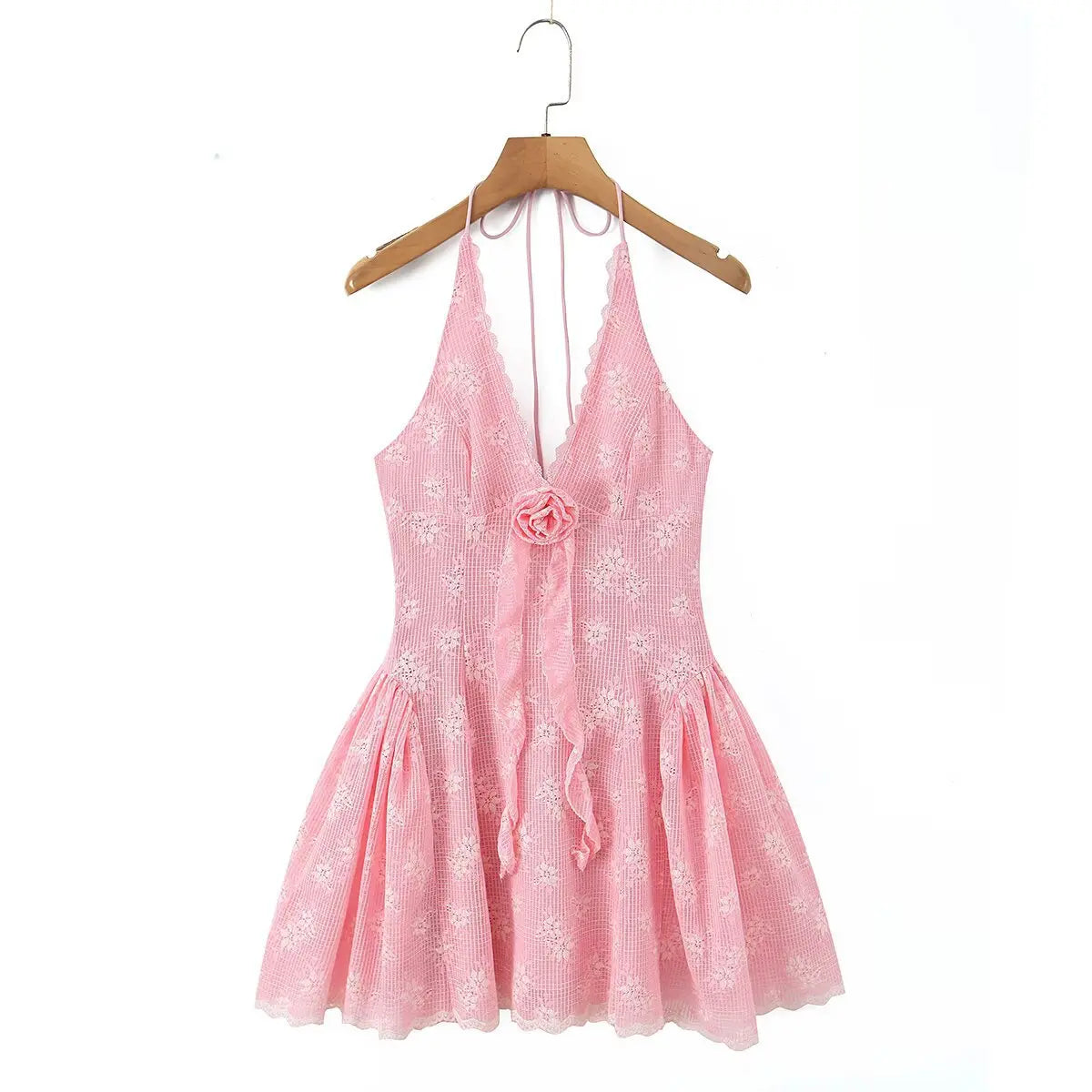 Pink lace halter mini dress, front view on white background