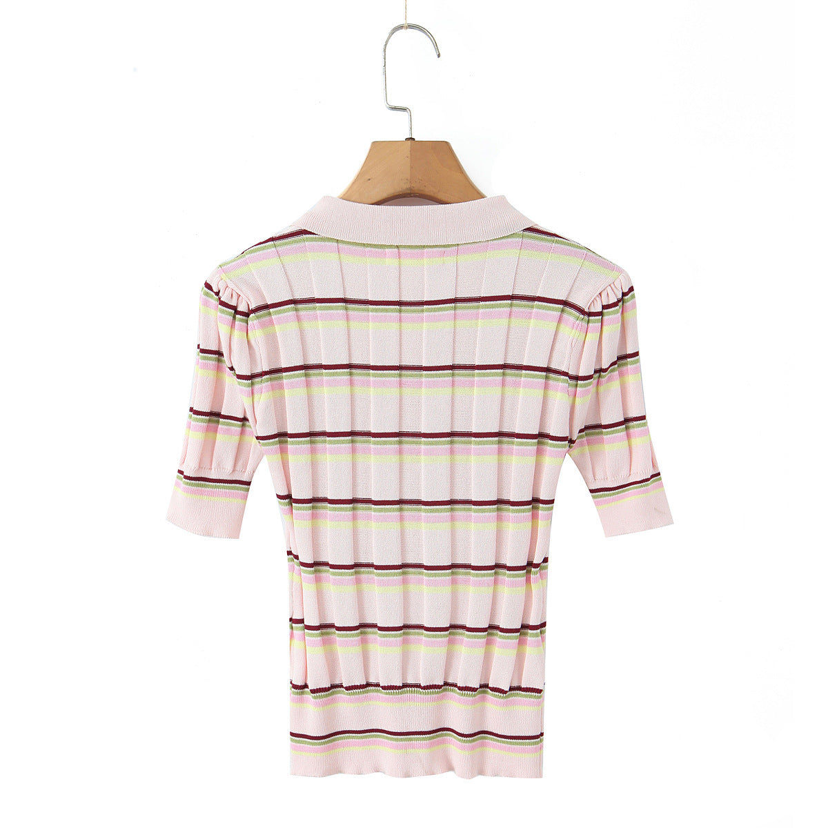Back hanging view pink multi color striped ribbed knit polo collar short sleeve slim fitted crop blouse, sweet casual preppy top