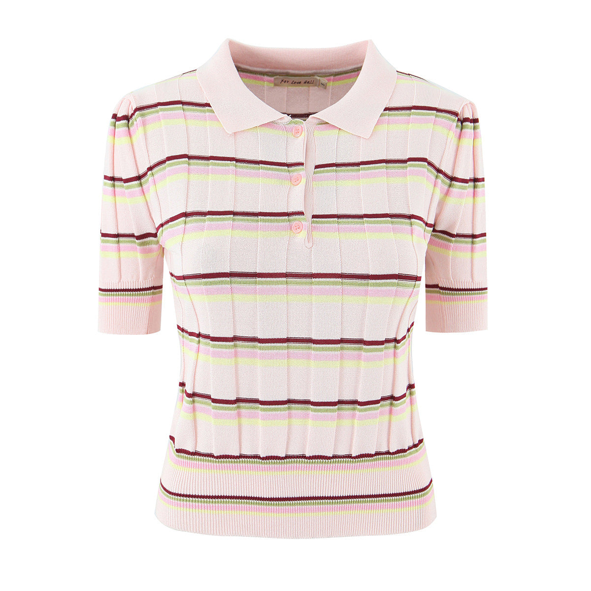 Women pink multi color striped polo collar half button ribbed knit puff short sleeve slim fitted crop blouse, sweet casual vintage preppy top