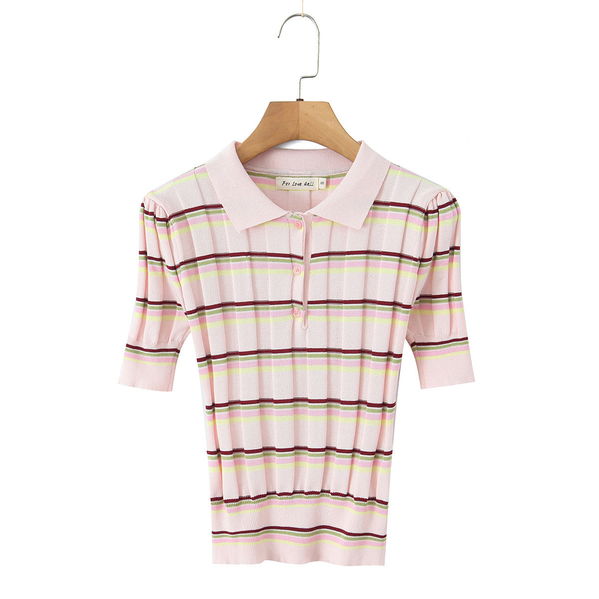 Front hanging view pink colorful striped polo collar half placket button ribbed knit short sleeve slim crop blouse, sweet preppy casual top