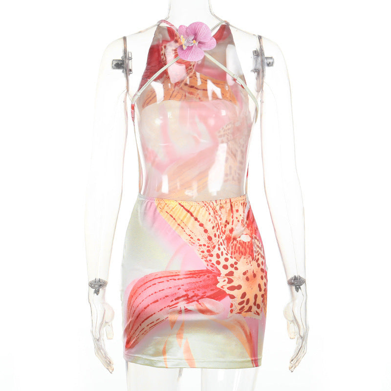 Women pink orchid floral print satin halter neck cowl open back slim fit bodycon mini slip dress, elegant sexy party club outfit