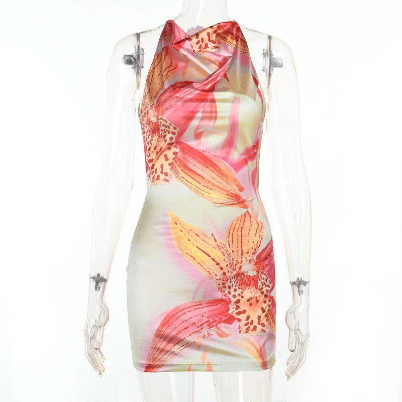 Front view mannequin shot pink tropical orchid floral print satin halter neck cowl neck slim fit bodycon mini dress, elegant chic summer party dress