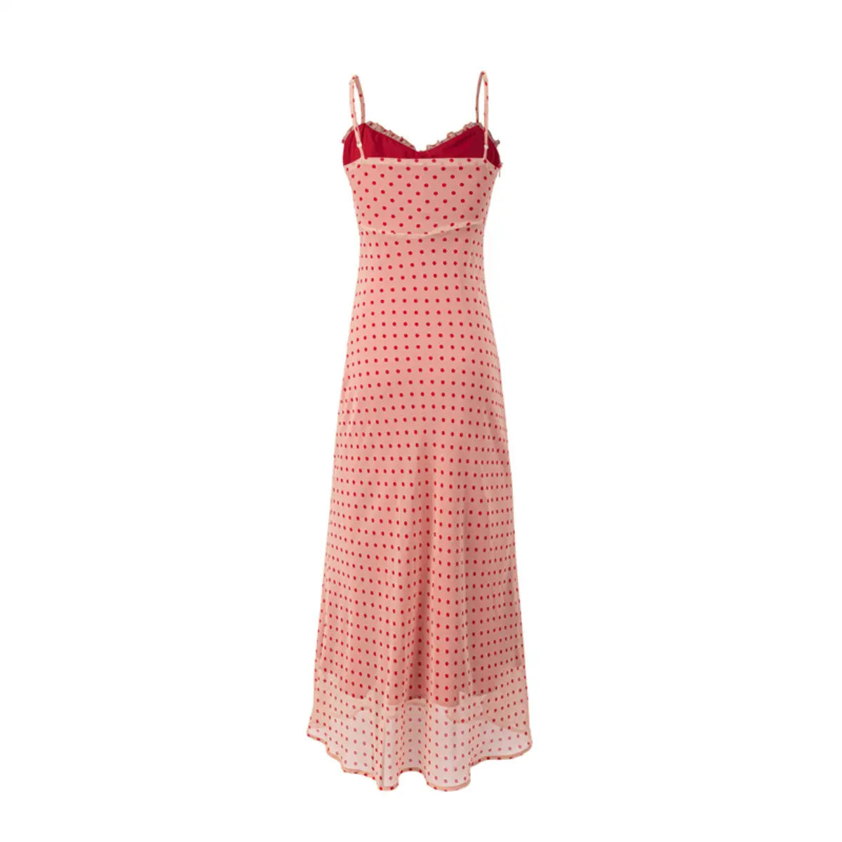 Back view of pink polka dot spaghetti strap maxi dress