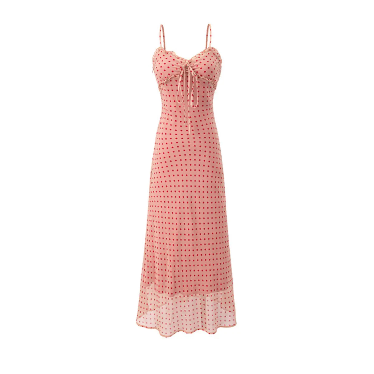 Front view of pink polka dot spaghetti strap maxi dress with ruched bust