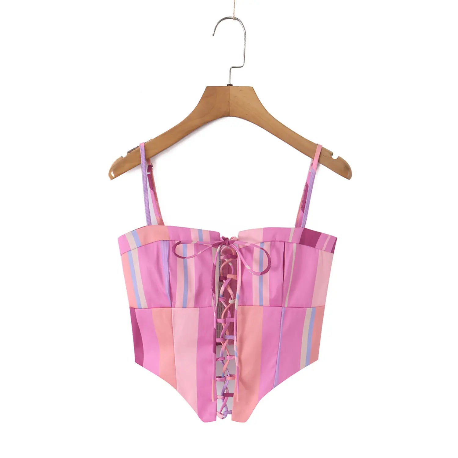 Real hanging front shot of pastel stripe lace-up corset cami on wooden hanger, full front tie corset silhouette
