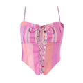 Flat front product shot of pink pastel stripe corset cami top, front multi-color ribbon lace-up tie design, structured bust panels
