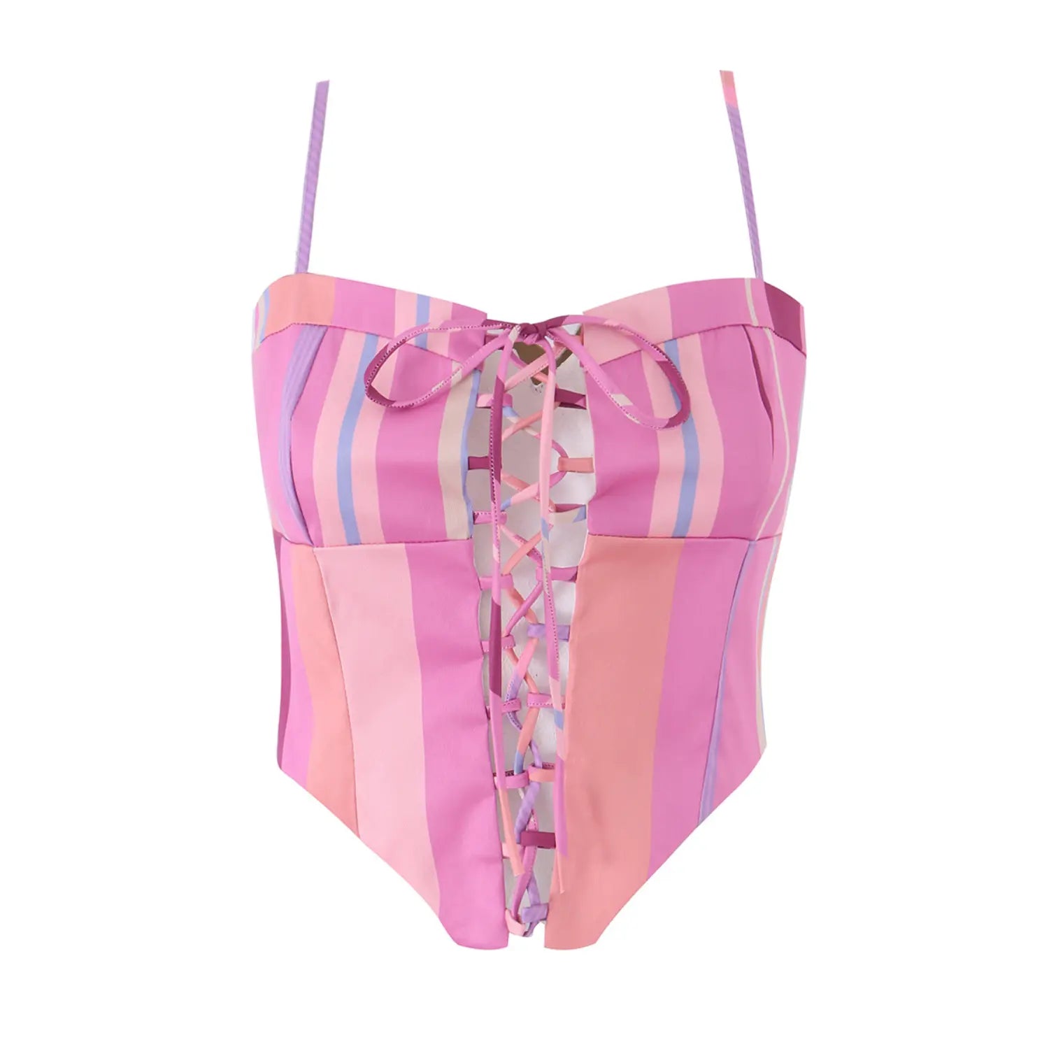 Flat front product shot of pink pastel stripe corset cami top, front multi-color ribbon lace-up tie design, structured bust panels