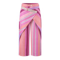 Flat front product shot of pastel pink purple striped wrap overlay wide leg trousers, cross wrap flap with outer button, side cargo pocket