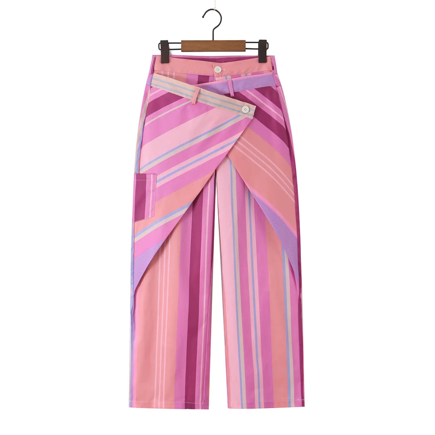 Hanging front real shot of wrap overlay striped wide leg trousers on wooden clip hanger, full wrap waist and loose leg silhouette