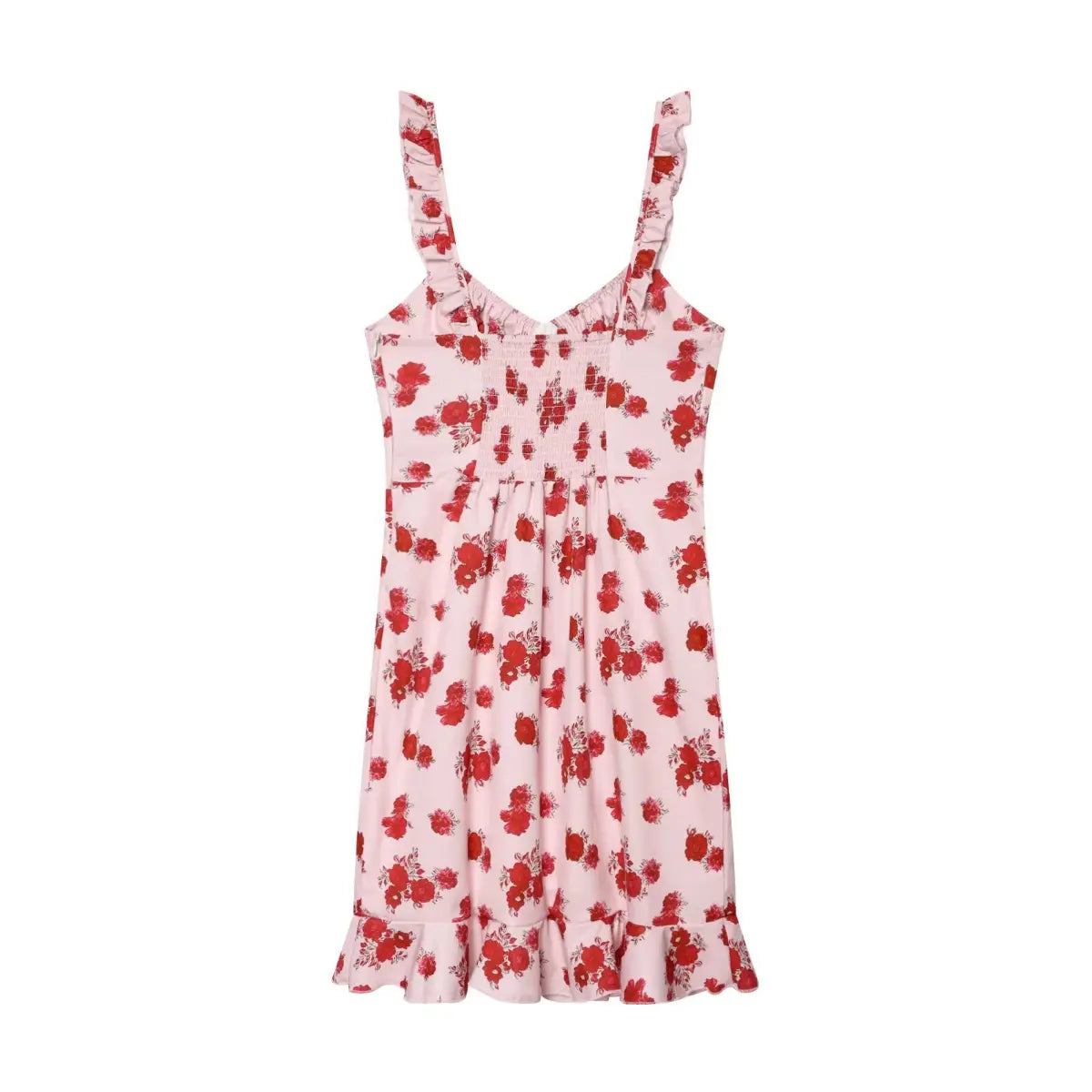 Back view of pink rose print dress with smocked panel and ruffled hem