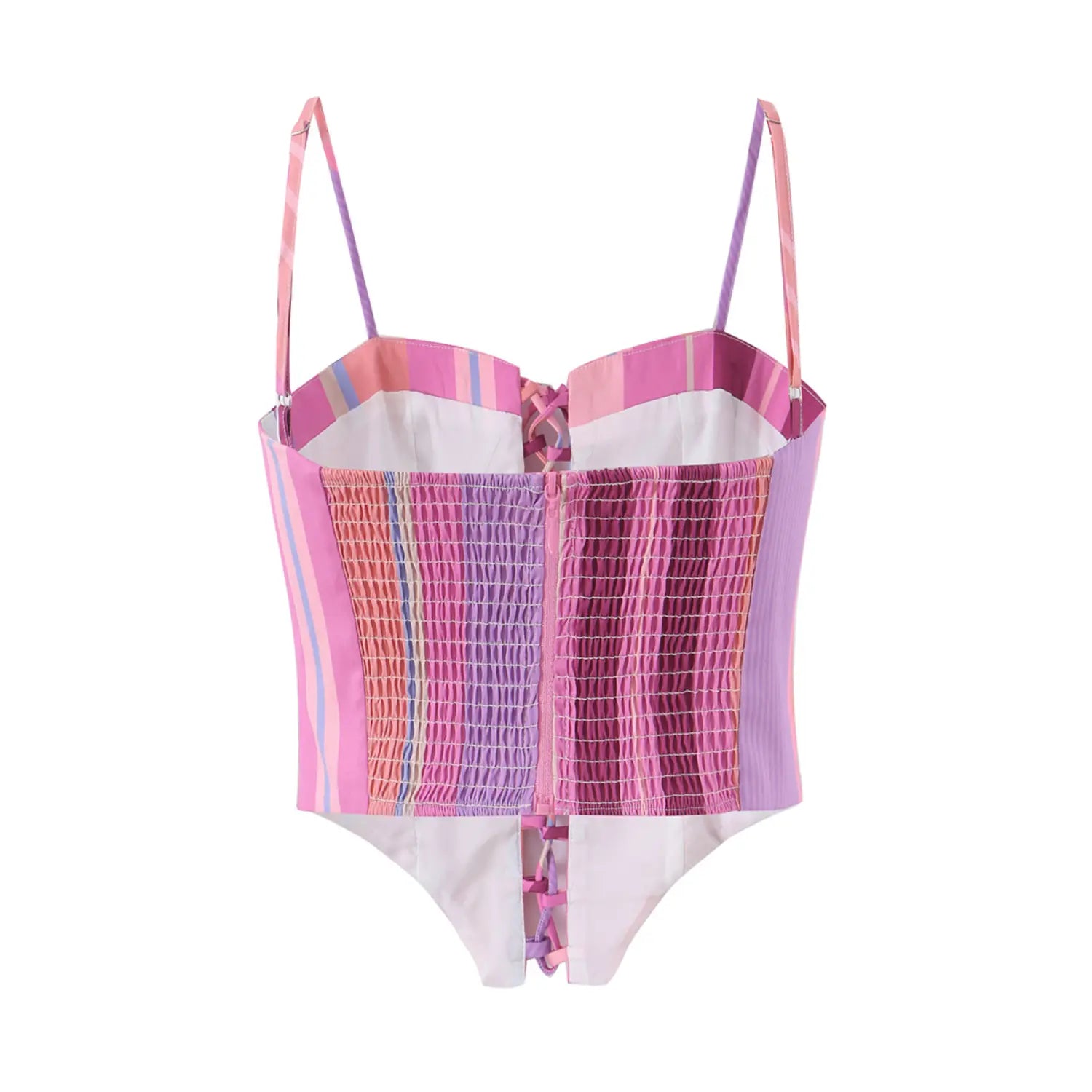 Full back flat lay view of pastel stripe corset cami, elastic smocked back panel with center invisible zipper and bottom lace-up cutout