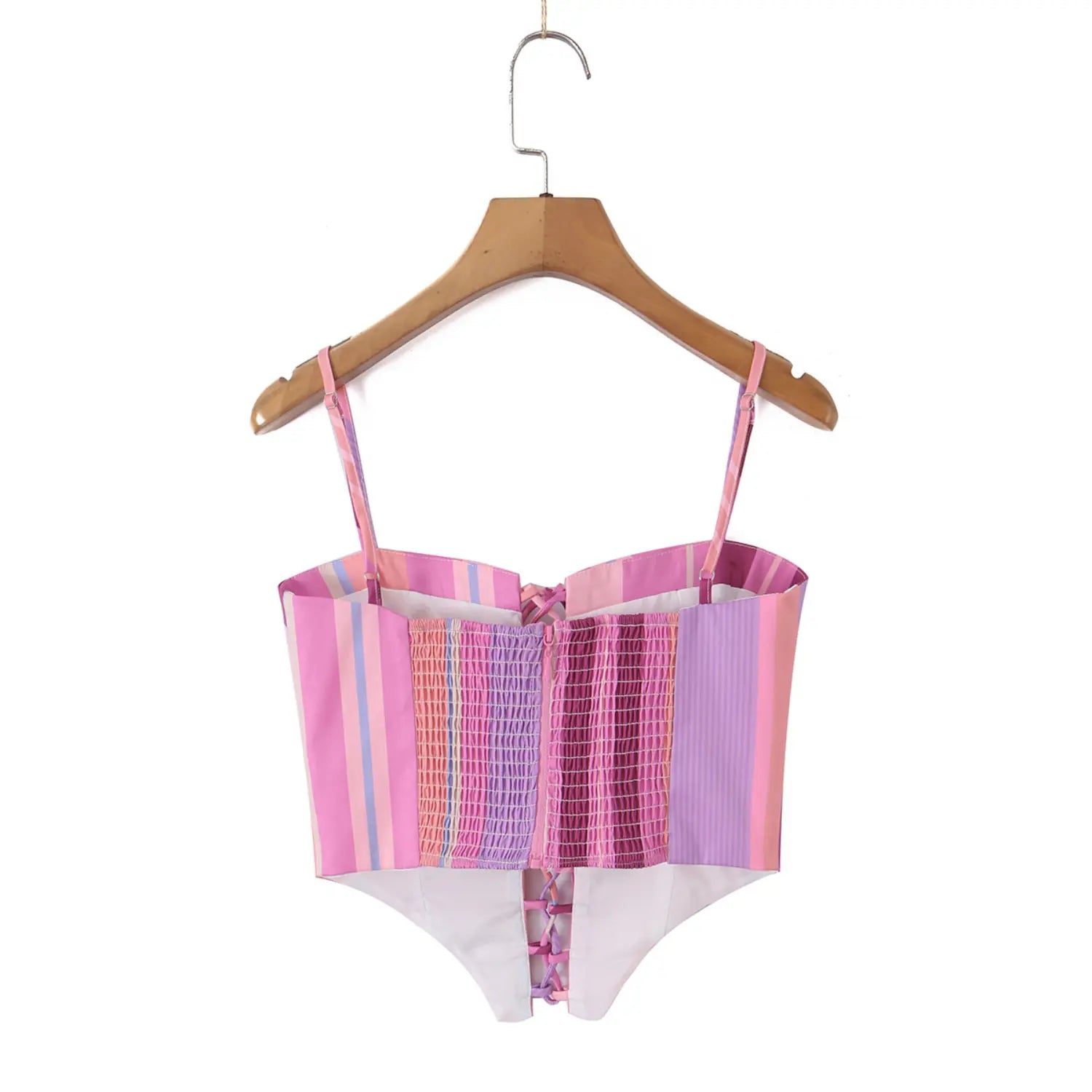 Hanging back detail photo of striped corset cami, stretch smocked back fabric and inner lining display