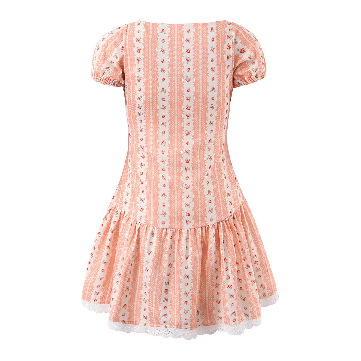 Back flat view pink stripe floral lace hem puff short sleeve high waist flared mini party dress, elegant romantic vintage sundress