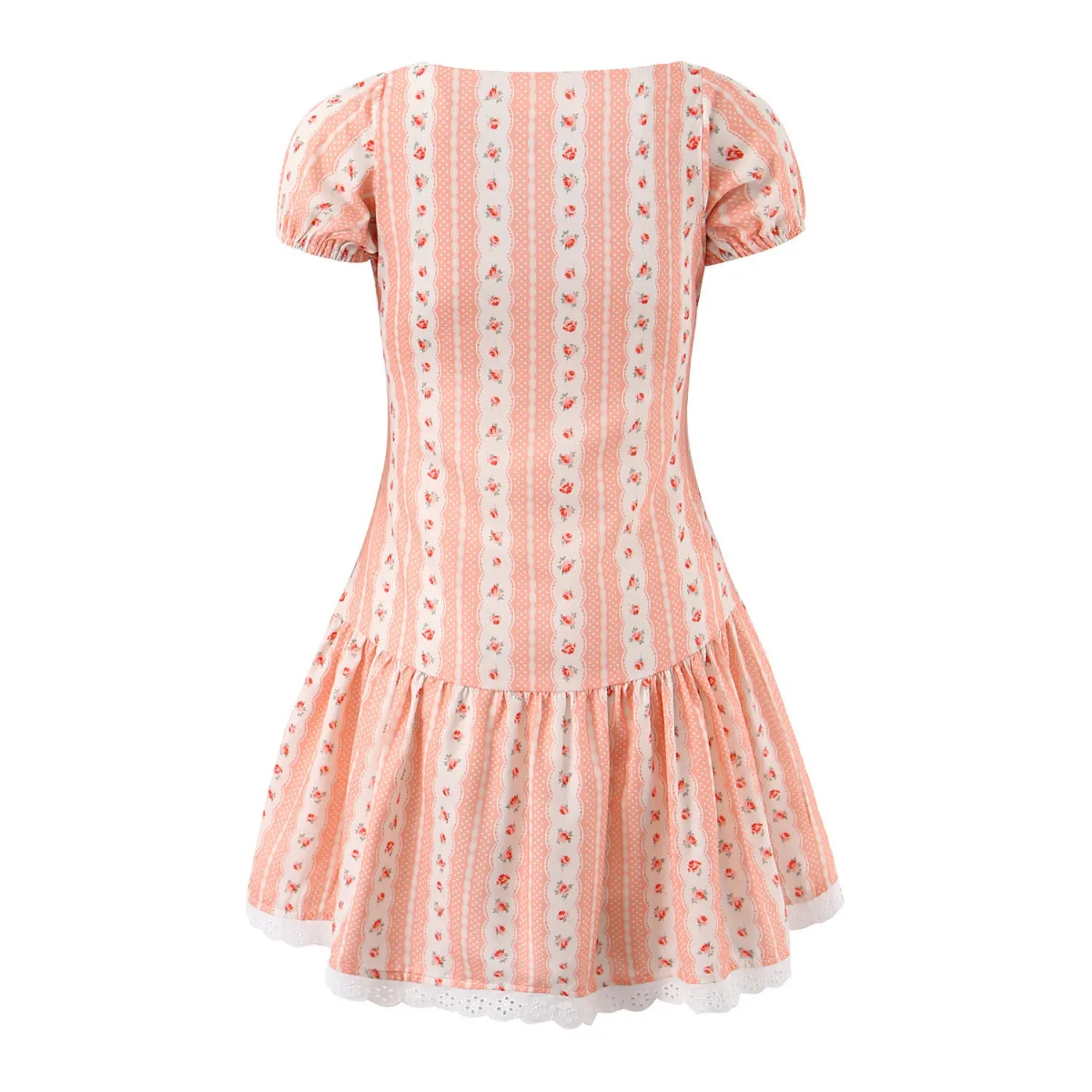 Back view peach ditsy floral stripe mini dress, puff short sleeves, lace hem trim