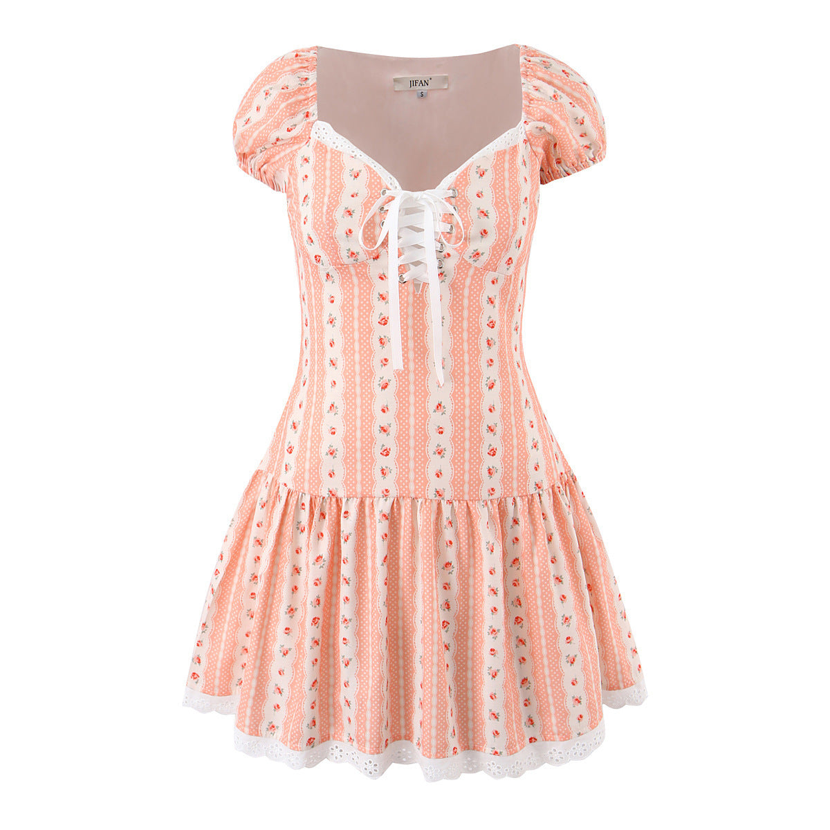 Women pink stripe floral lace trim lace up puff short sleeve square neck high waist flared hem mini dress, 100% polyester elegant romantic vintage sundress