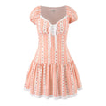 Front product shot peach floral stripe mini dress, sweetheart lace‑up bust, puff sleeves, eyelet lace hem