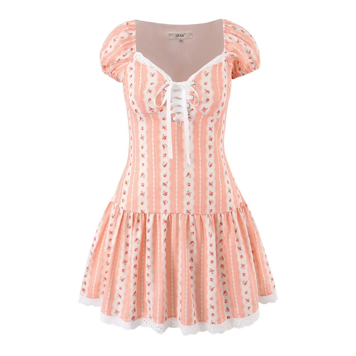 Front product shot peach floral stripe mini dress, sweetheart lace‑up bust, puff sleeves, eyelet lace hem