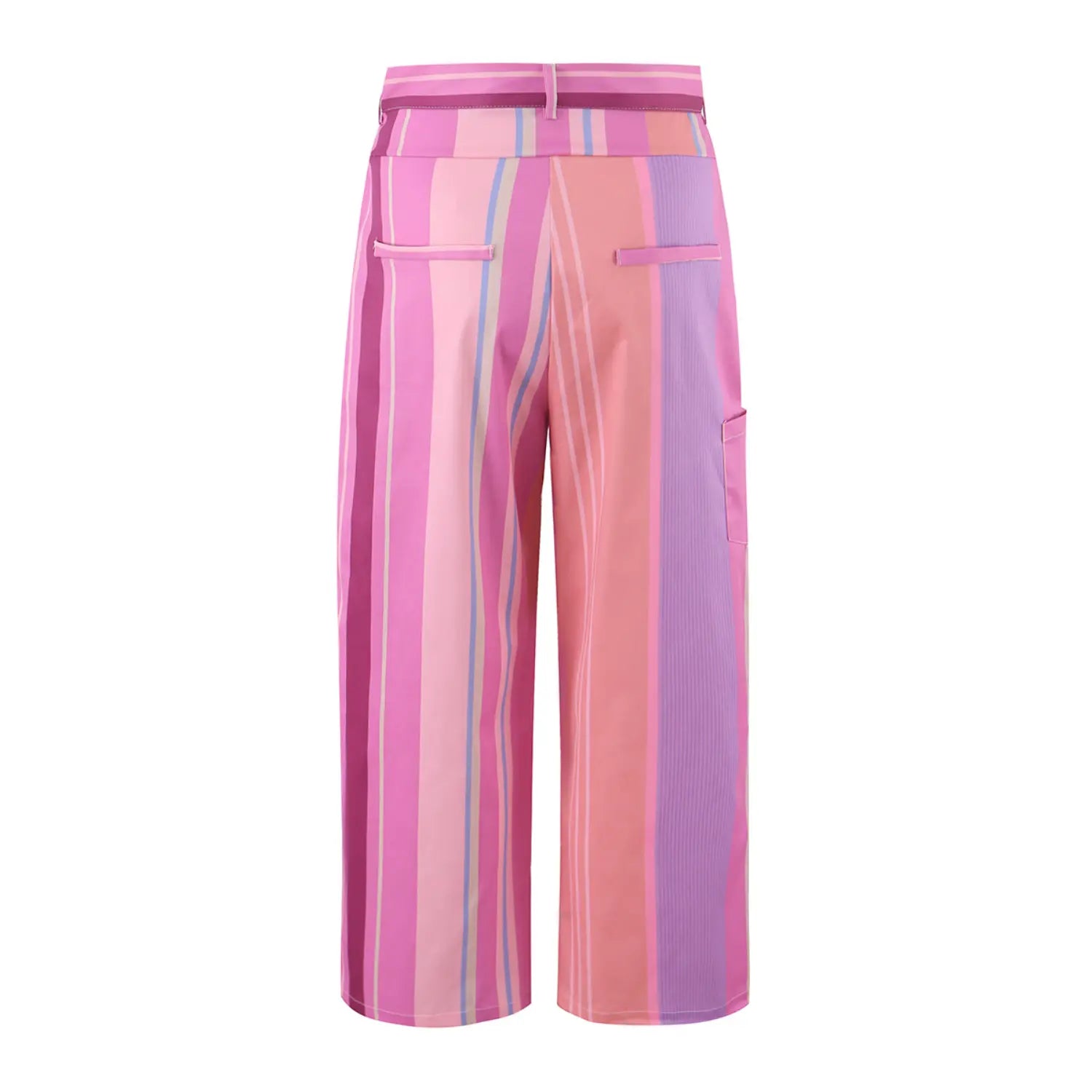 Full back flat lay view of striped wrap wide leg pants, double back welt pockets, matching vertical stripe woven fabric