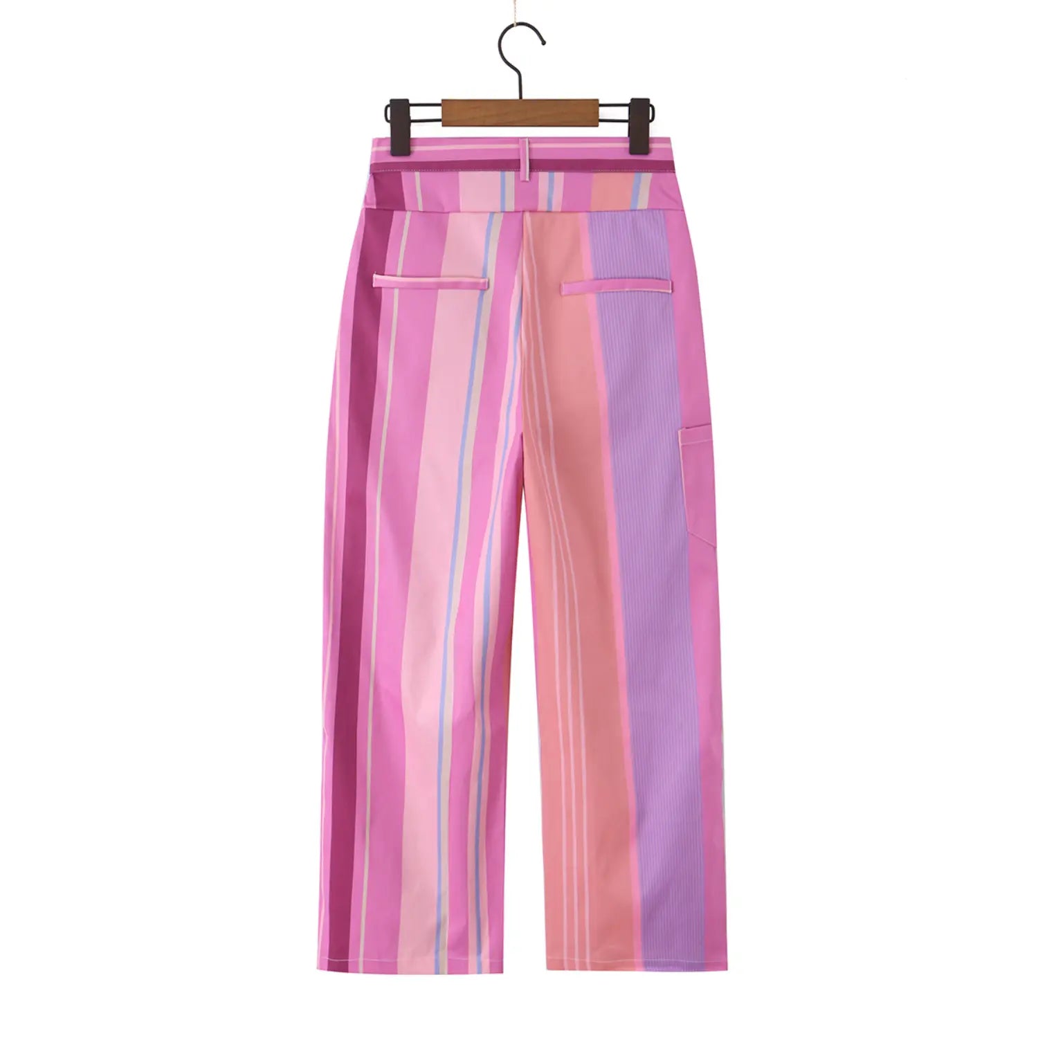 Hanging back detail photo of pastel striped wrap pants, rear double slit pockets and smooth drape fabric