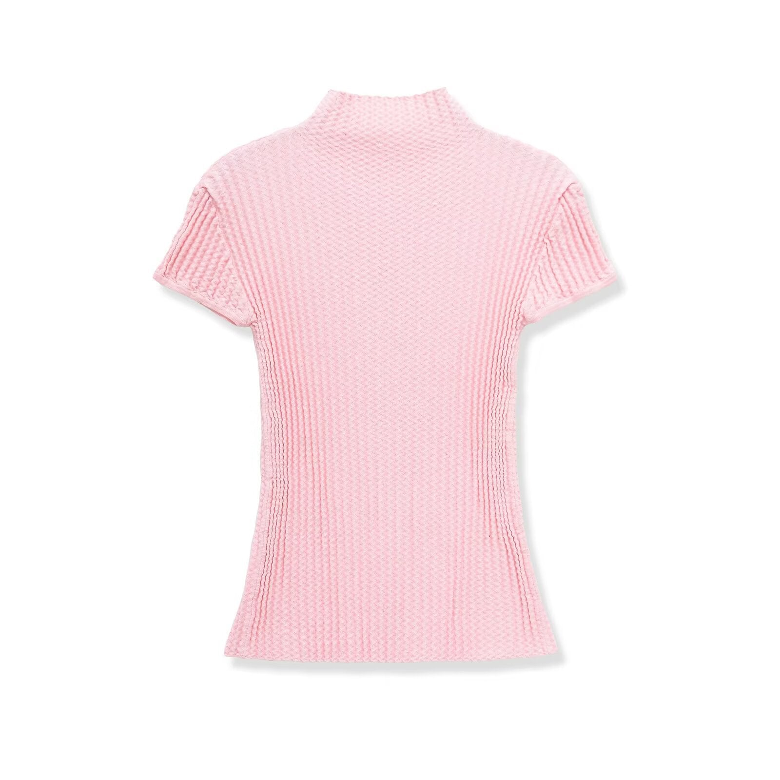 Back flat view pink solid textured knit half turtleneck short sleeve slim fit crop t shirt top, soft elegant casual daily blouse