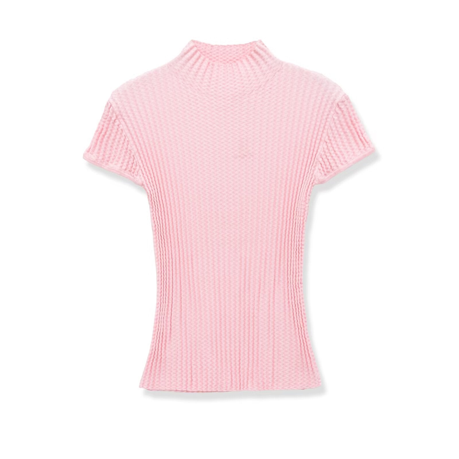 Women pink textured waffle knit half turtleneck short sleeve slim fit bodycon crop t shirt top, elegant soft casual daily blouse