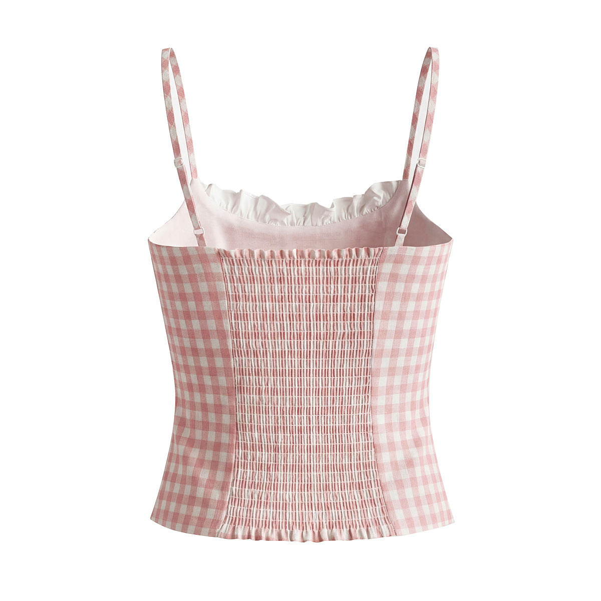 Back flat view pink white plaid smocked elastic back ruffle hem adjustable strap cotton slim crop cami top, elegant romantic vintage blouse