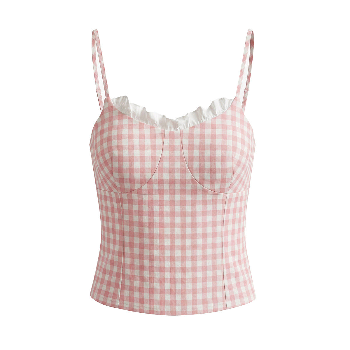 Front flat view pink white gingham plaid white ruffle trim V neck adjustable strap slim fitted cotton cami tank top, elegant romantic vintage blouse