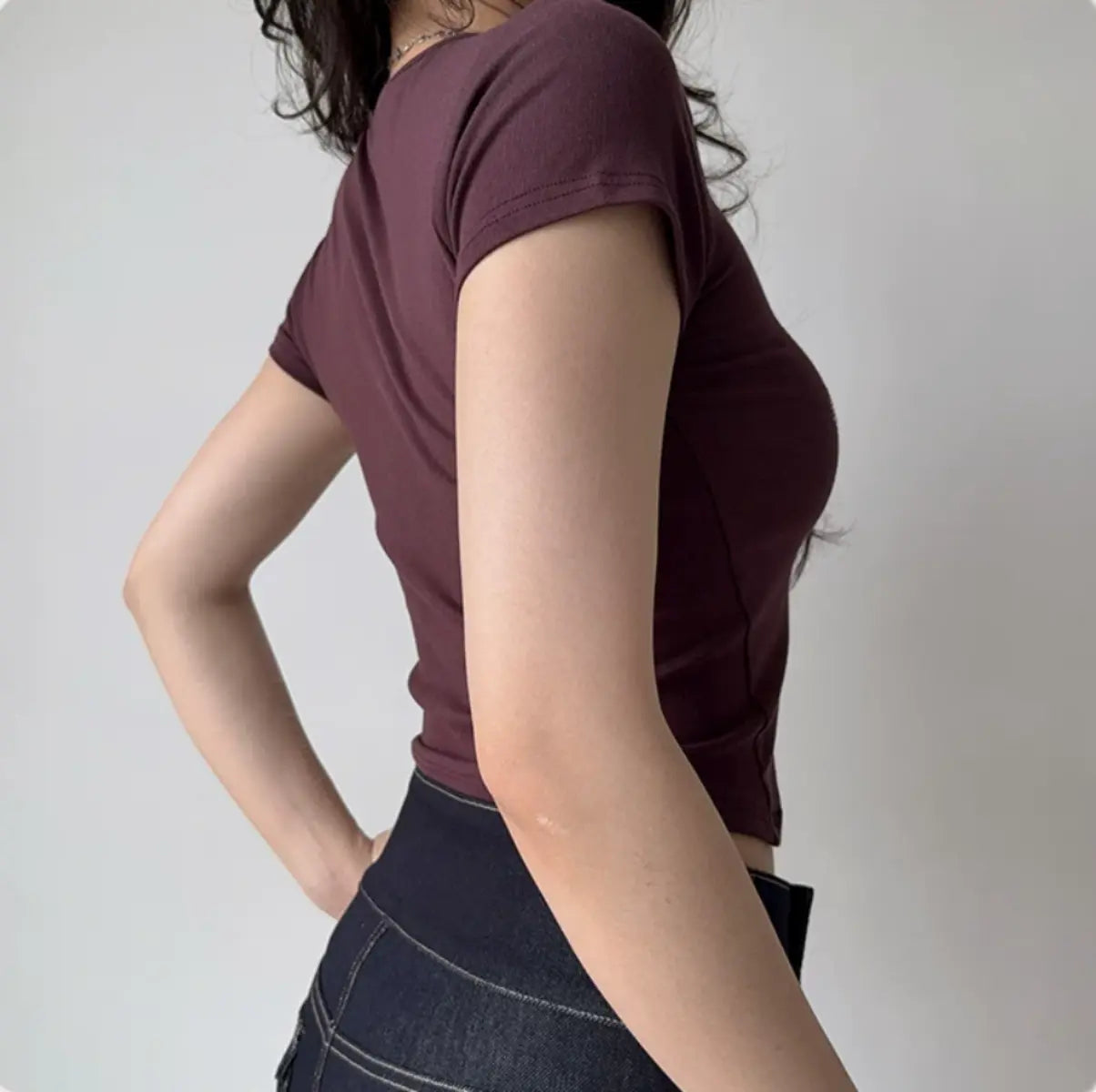 Back view of plum short-sleeve t-shirt with fitted silhouette and cropped hem