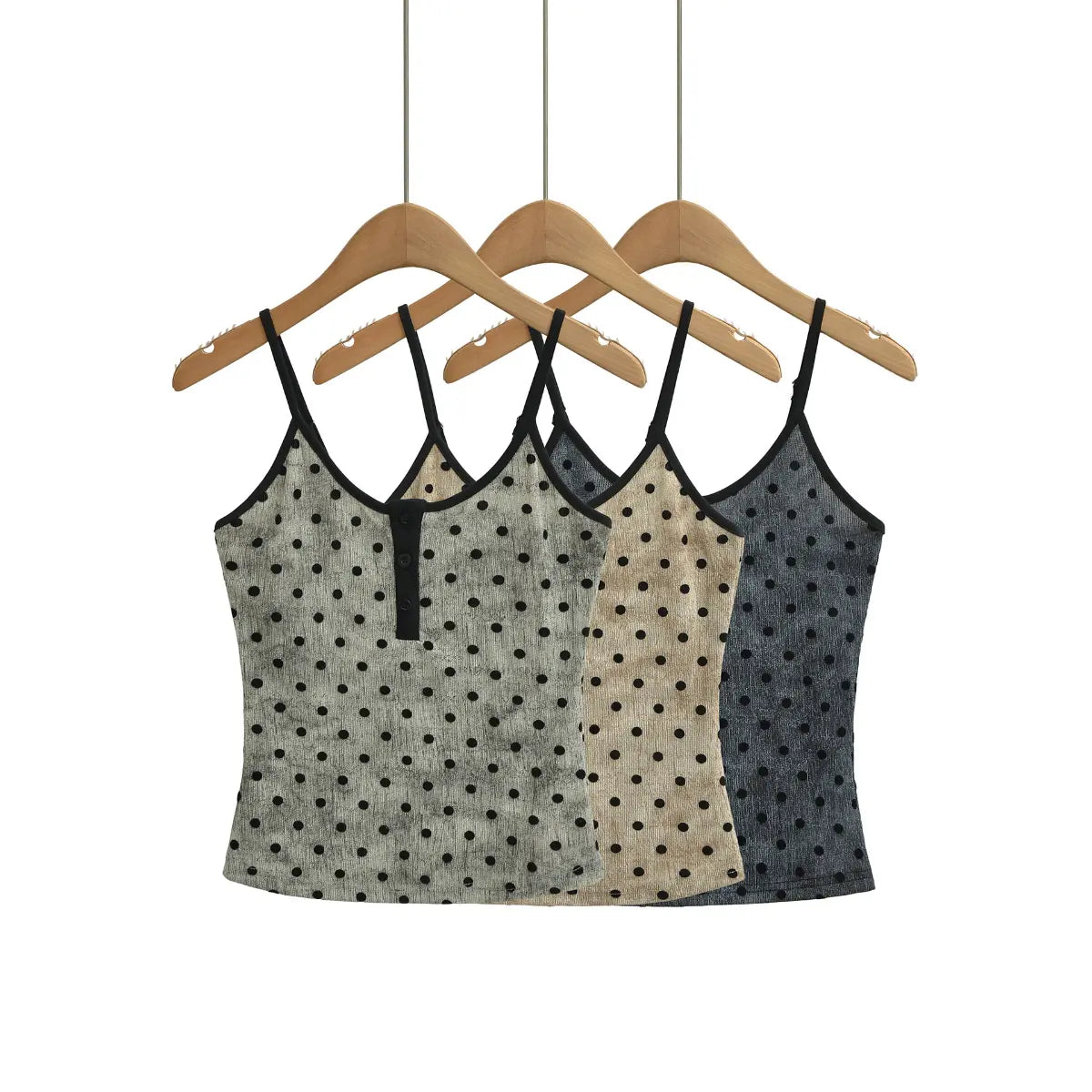 Polka dot cami tank top in three colorways: light gray, beige, dark gray