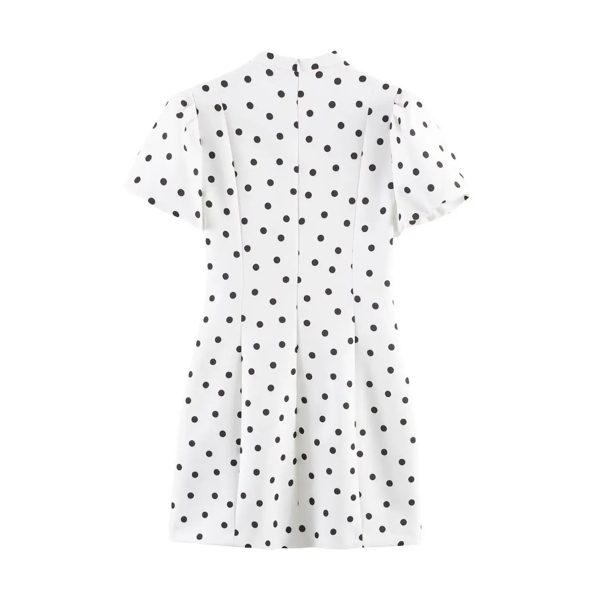 Back view of white polka dot mini dress