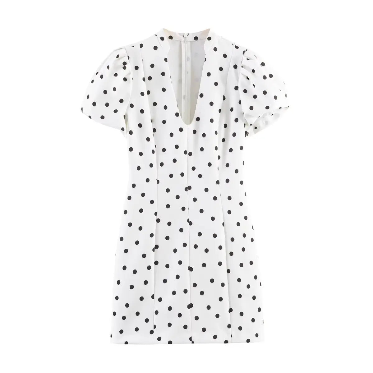 Full front view of white polka dot puff sleeve dress