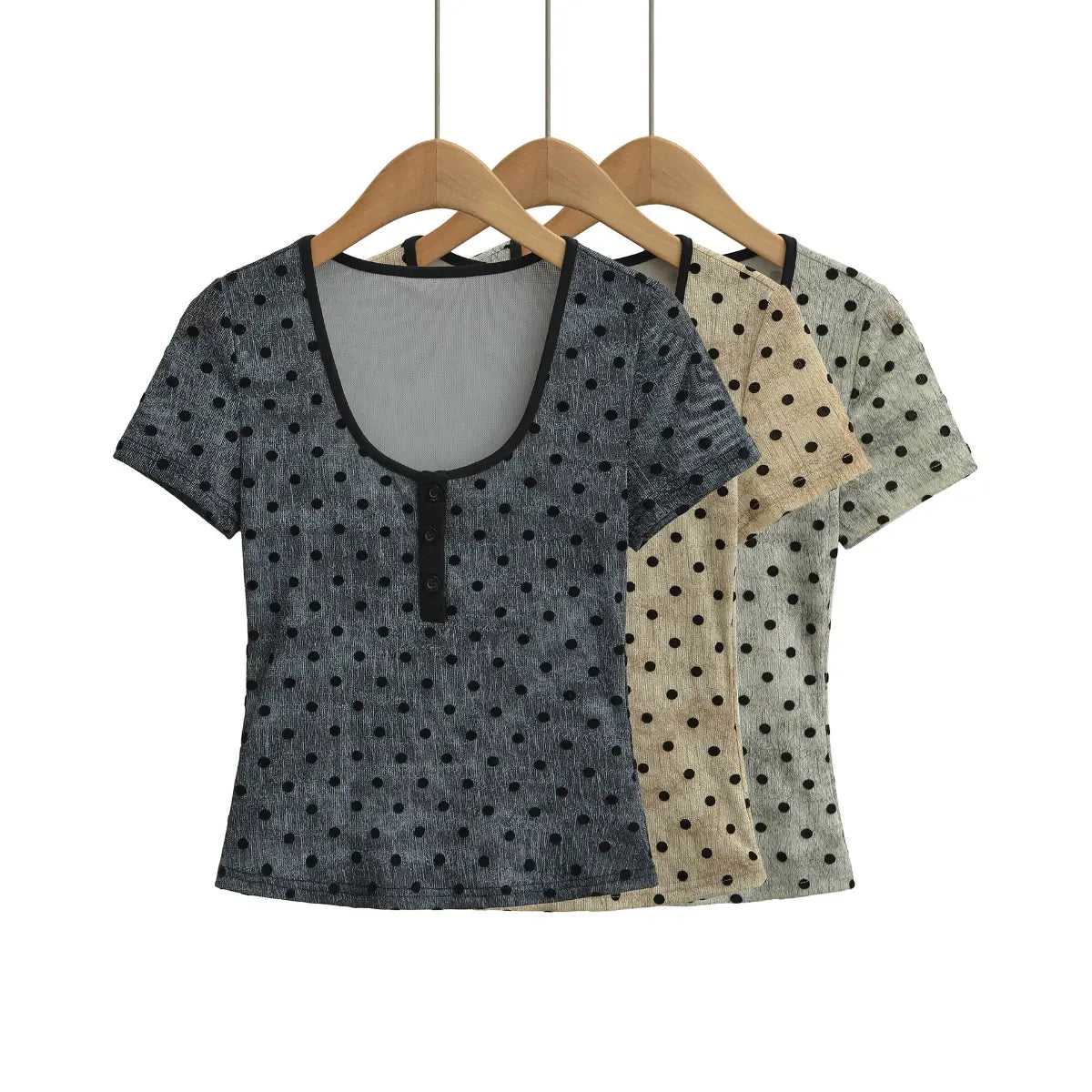 Polka dot Henley short sleeve top in three colorways: dark gray, beige, light gray