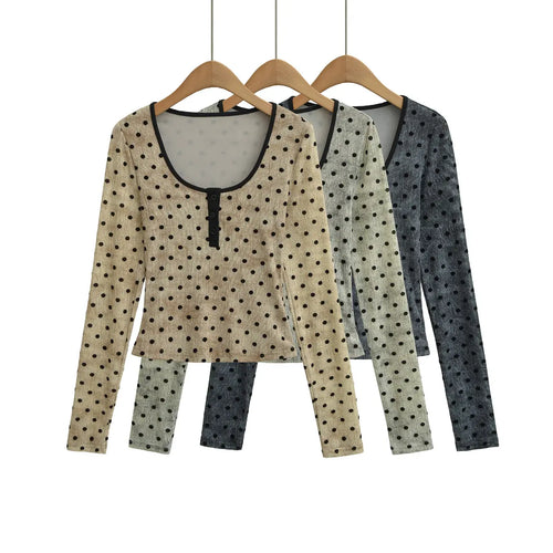 Polka dot Henley long sleeve top in three colorways: beige, light gray, dark gray