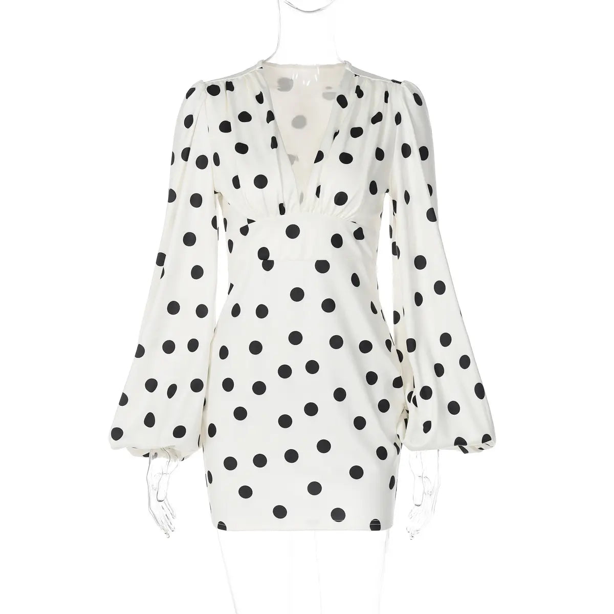 Full front view of white black polka dot mini dress