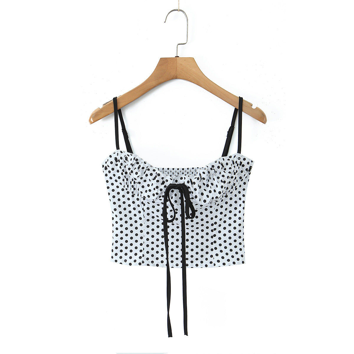 Women black and white polka dot pleated tie front camisole top, slim fit sleeveless cropped tank with drawstring detail, casual summer top
