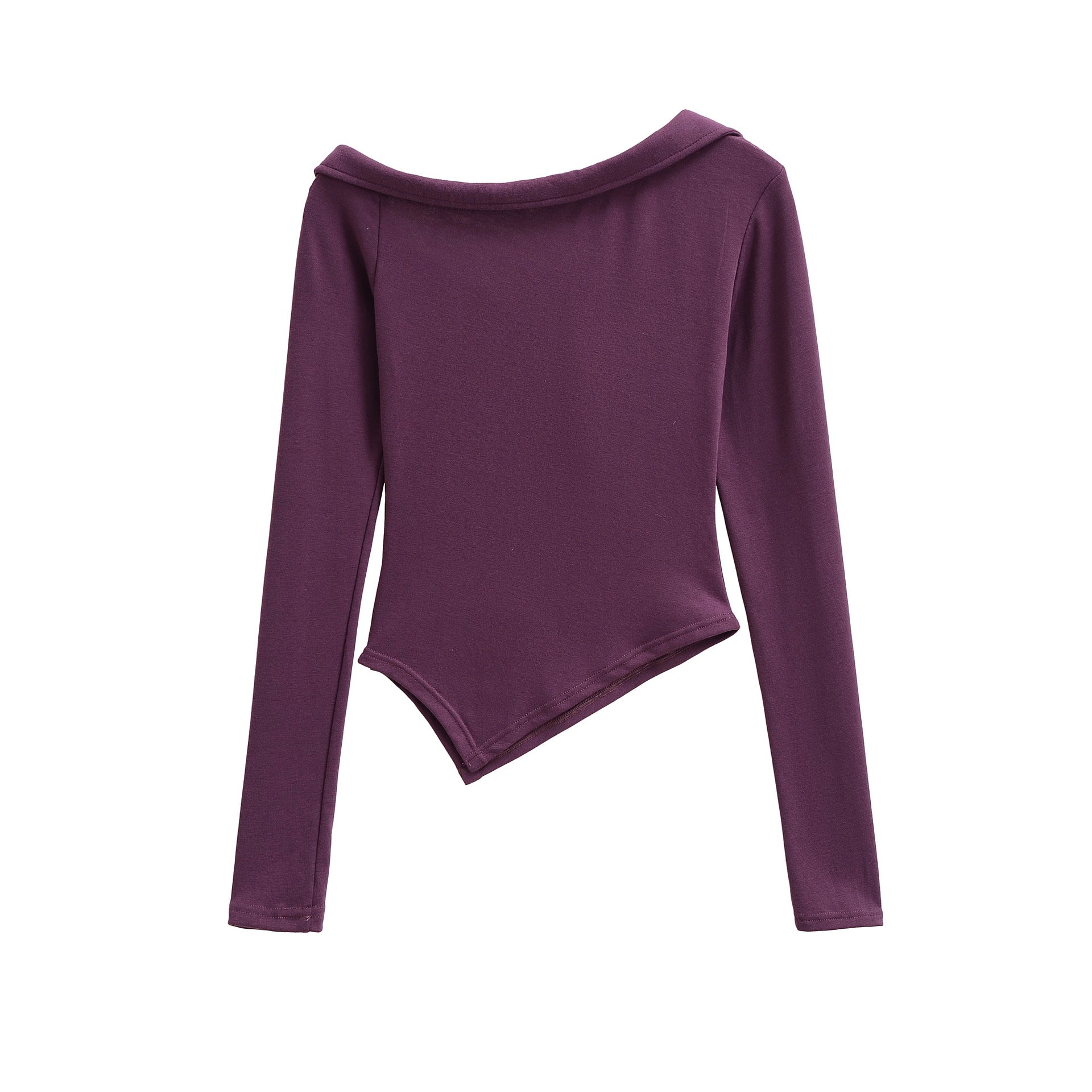 Back flat view purple knit asymmetric hem slant collar long sleeve slim fitted top, elegant chic casual blouse