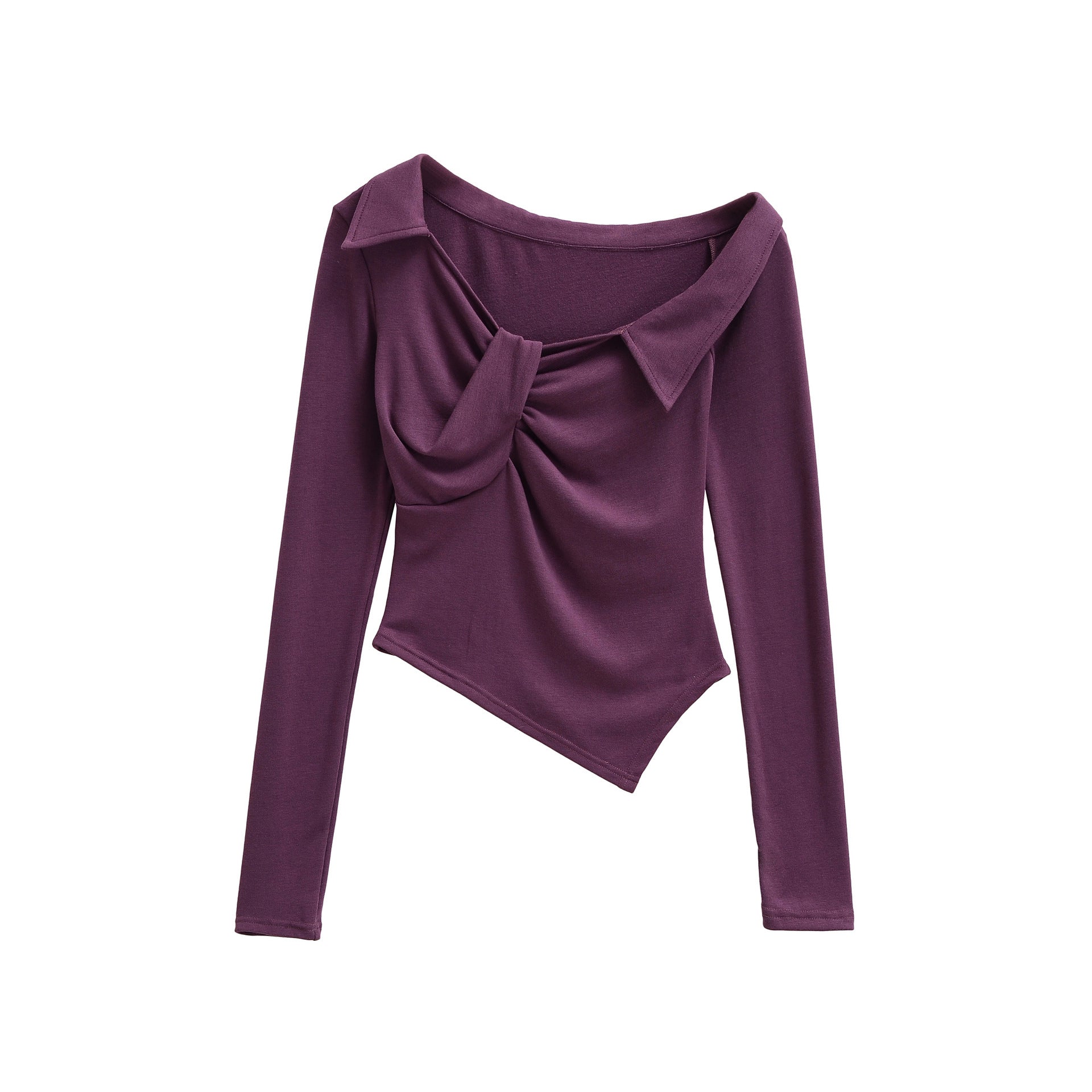 Women purple knit irregular hem slant collar asymmetric neck long sleeve slim fitted top, elegant chic party club blousesleeves.