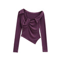 Purple twist knot collared asymmetrical hem long sleeve fitted top, flat lay isolated shot