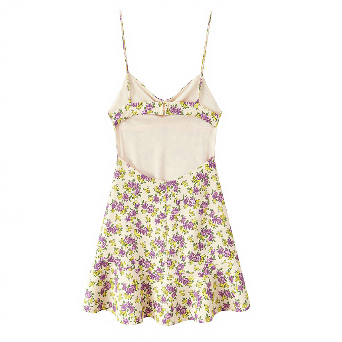 Back flat view purple yellow floral print backless hollow out cutout thin strap high waist ruffle hem mini slip dress, elegant vintage summer party dress
