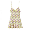 Front flat view purple yellow small floral print cowl neck thin spaghetti strap high waist ruffle flared hem bodycon mini slip dress, sweet vintage casual party dress