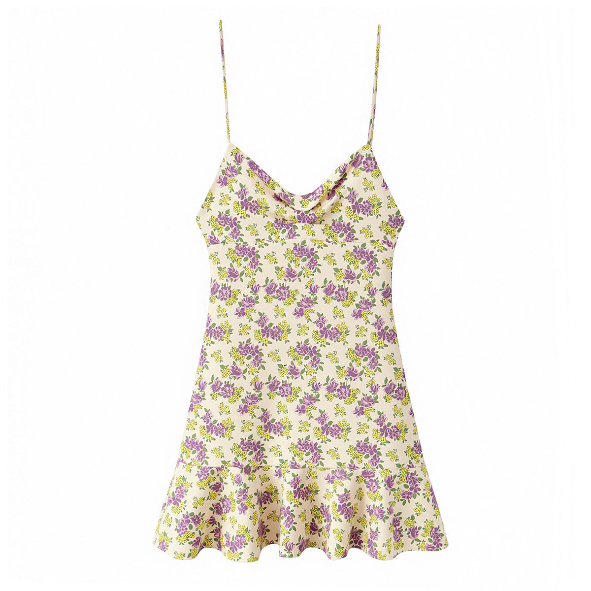 Front flat view purple yellow small floral print cowl neck thin spaghetti strap high waist ruffle flared hem bodycon mini slip dress, sweet vintage casual party dress