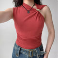 Red asymmetrical neck tank top with gold metal ring detail and side ruching