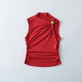 Front view of red tank top with gold metal ring and side ruching