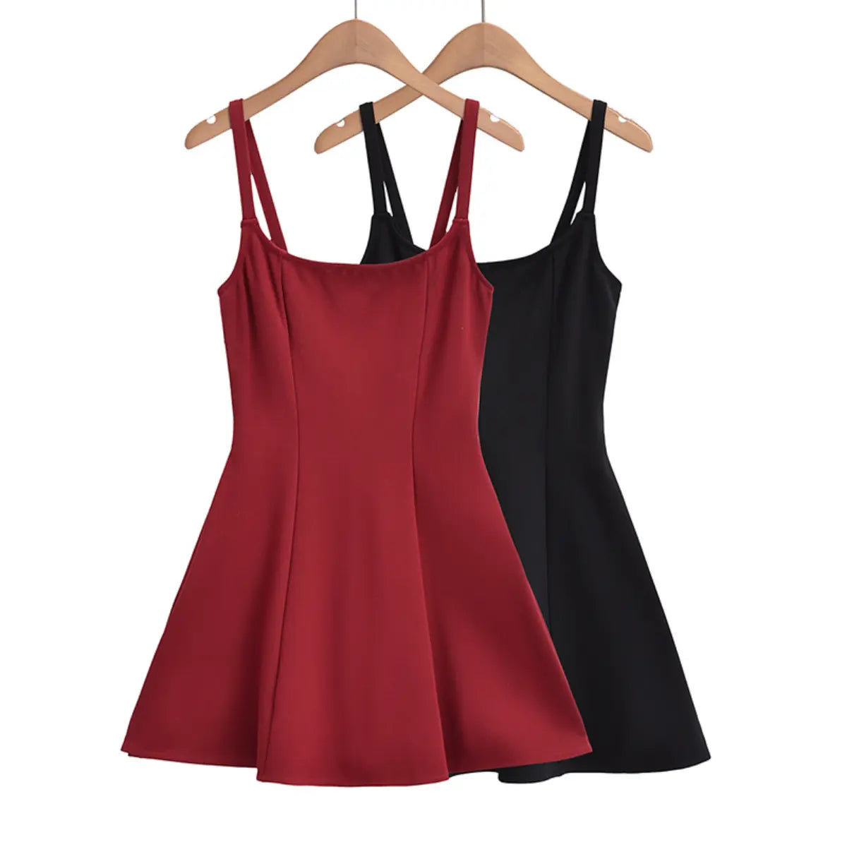 Cami A-line dress in red and black colorways, displayed side by side