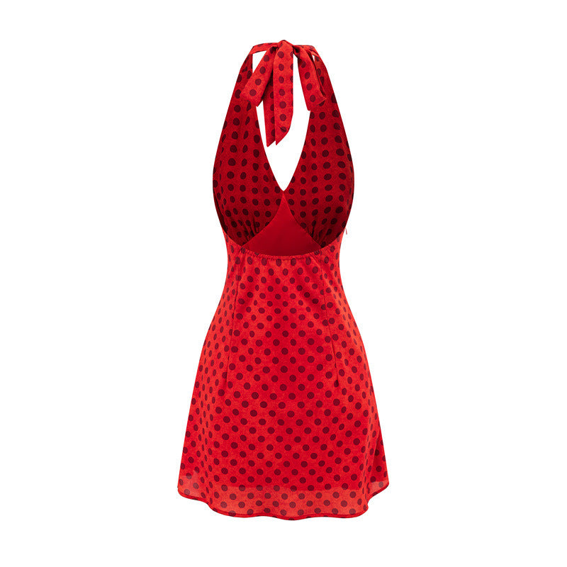 Back flat view red black polka dot halter neck open back a-line mini dress, women retro chic summer dress