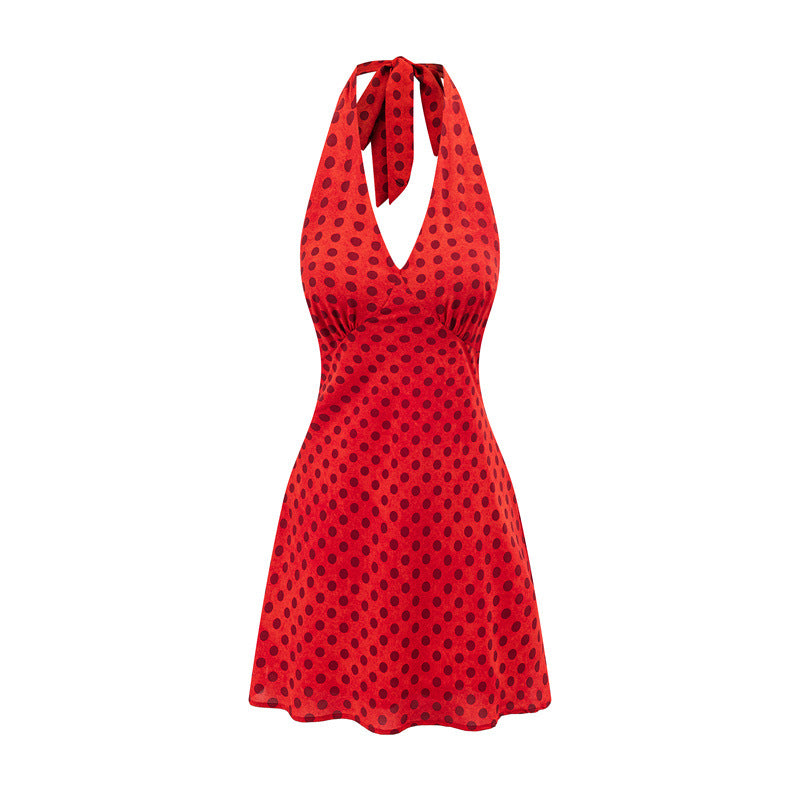 Front flat view red black polka dot halter neck tie v-neck bodycon mini dress, women retro casual party outfit