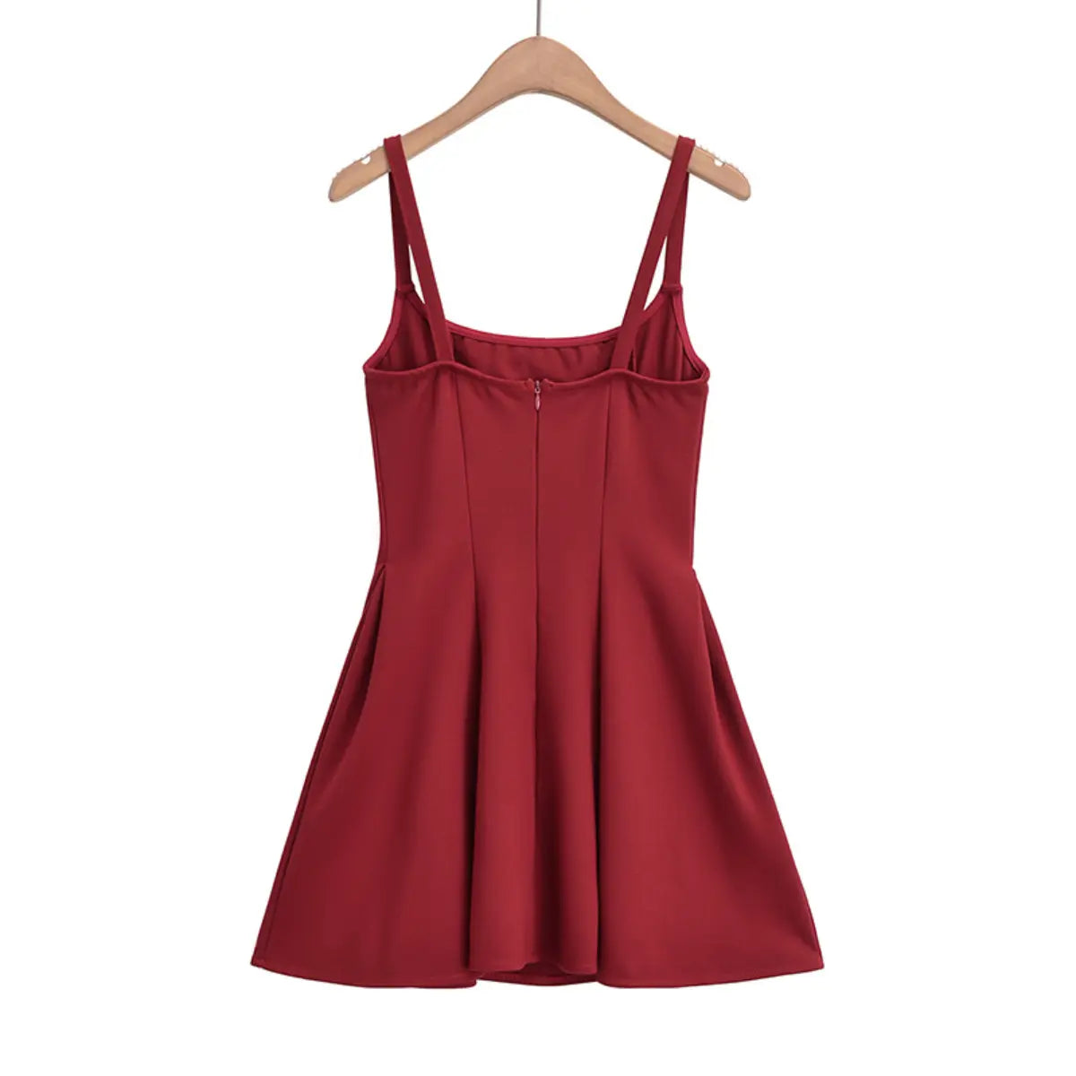 Back view of red cami A-line dress with zipper closure