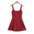 Front view of red cami A-line dress with square neckline