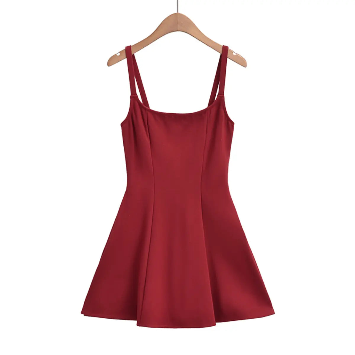 Front view of red cami A-line dress with square neckline