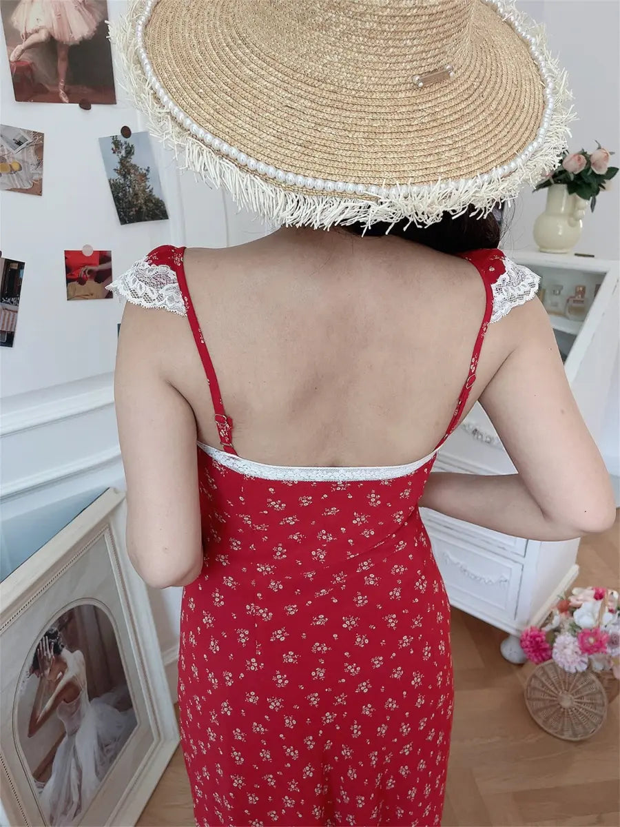 Model in red ditsy floral lace-trim maxi dress, back view